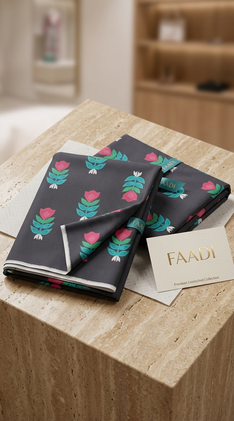 Black Floral | Printed Lawn Unstitched Fabric | 1 Meter