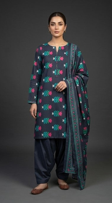 Black Floral | Printed Lawn Unstitched Fabric | 1 Meter