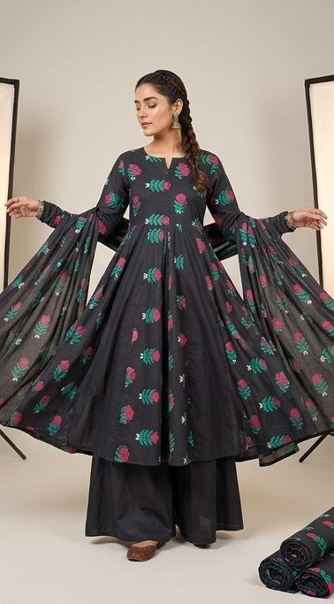 Black Floral | Printed Lawn Unstitched Fabric | 1 Meter