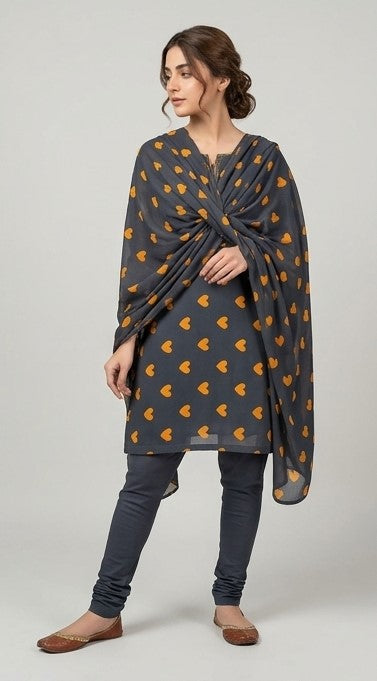 Black & Orange | Printed Lawn Unstitched Fabric | 1 Meter