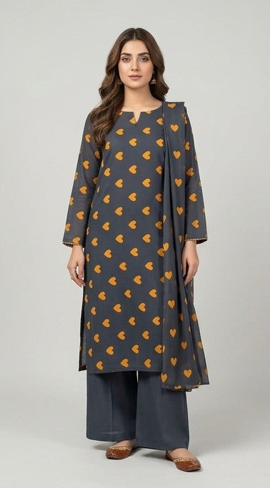 Black & Orange | Printed Lawn Unstitched Fabric | 1 Meter